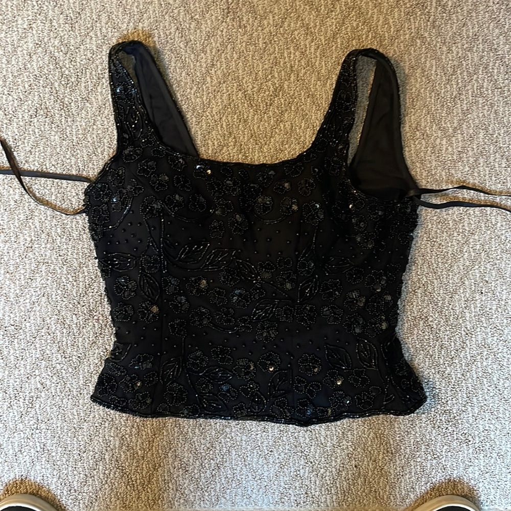 CECILY BROWN BLACK BEADED CROP TOP 100 PERCENT SILK